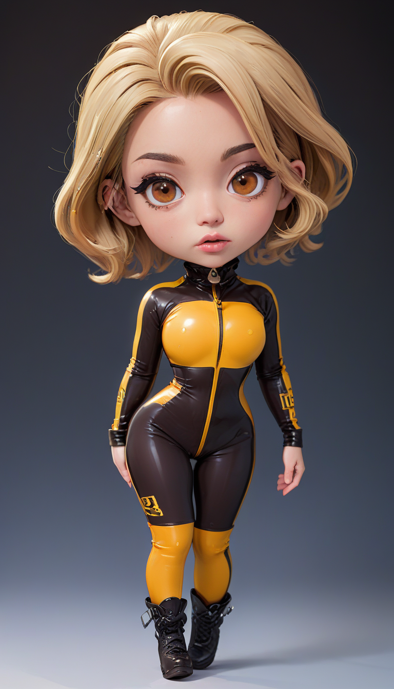 (cel-shading:2)+, (in ARTIST style:1.7), (masterpiece:1.7), comics style,
(somechibi, chibi, 1female, brown eyes, blonde hair, solo, bodysuit, breasts, full body, chibi, looking at viewer, parted lips, Black Yellow Latex Catsuit, catsuit, skin texture),
<lora:SomeChibi_Chibi_Style:1>,
<lora:glowneon_xl_v1:0.7>,