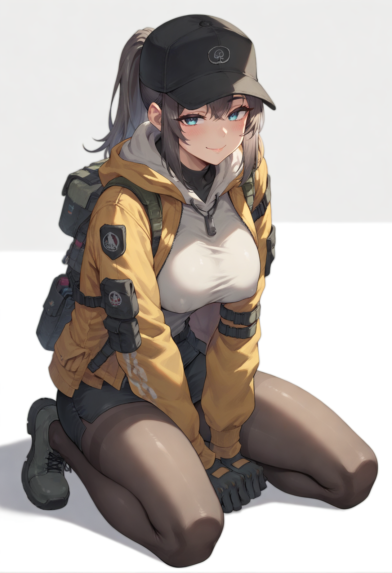 1girl, sitting, (wariza:1.05), (legs apart:0.8), leaning forward, arms support, hands on ground, (from side:0.6), full body,  dark gray hair, ponytail, side bangs, blue eyes, black cap, medium large breasts, grey hoodie, impossible hoodie, dark green pencil skirt with zipper, yellow cropped jumper, black thighband pantyhose, gloves,  seductive smile, half-closed eyes, raised eyebrows, blush, long eyelashes, (lips:0.75),  (covered nipples:1.05),  (shiny skin:1.15), (score_9, score_8_up, score_7_up:1.3), 4k, very aesthetic