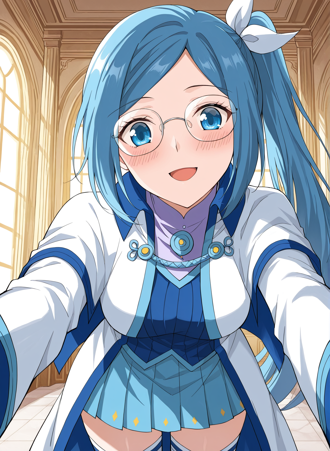 <lora:Ye_Xin_Lan__Battle_Through_the_Heavens__Illustrious:1>
1girl, solo, blue hair, long hair, side ponytail, hair ribbon, glasses, round glasses, blue eyes, anime style, intelligent look, magic academy uniform, scholar, elegant, white and blue outfit, high collar, long sleeves, white sleeves, layered clothing, blue skirt, white robe, formal dress, thigh-highs, detailed costume, refined, 
score_9, score_8_up, score_7_up, score_6_up, source_anime, rating_explicit, 1girl, solo, smile, embarrassed, alcalose eyes, open mouth, mansion, indoors, looking at viewer, outstretched arms, pov, close-up, (head tilt:1.2)