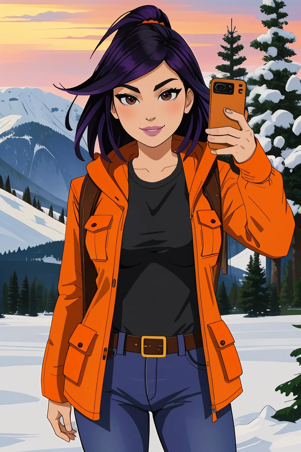 1girl, asian, brown eyes, orange parka, hoodie, jeans, belt, black and violet hair, lipstick, posing, next to wall, upper body focus, (selfie pose:1.15), smile, breasts, snowy forest background mountains, <lora:KennyPanderverse:0.49>, masterpiece, highest quality