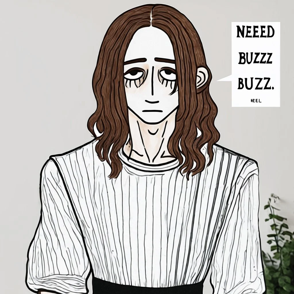 brown hair, shoulder length hair, eyelashes, black eyes, Beautiful, pale, skinny, melancholic, pretty boy, middle part, maid dress, text:"need buzz plz"