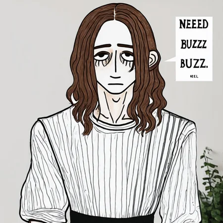 brown hair, shoulder length hair, eyelashes, black eyes, Beautiful, pale, skinny, melancholic, pretty boy, middle part, maid dress, text:"need buzz plz"