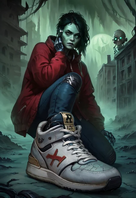 score_9, score_8_up, score_7_up, w4rh4mm3r style oil painting, grimdark, 18 year old female cyborg, eerie horror background, foggy, hud_sh03_sh0w, foreshortening, looking at viewer, sneakers. wearing cybernetic sneakers