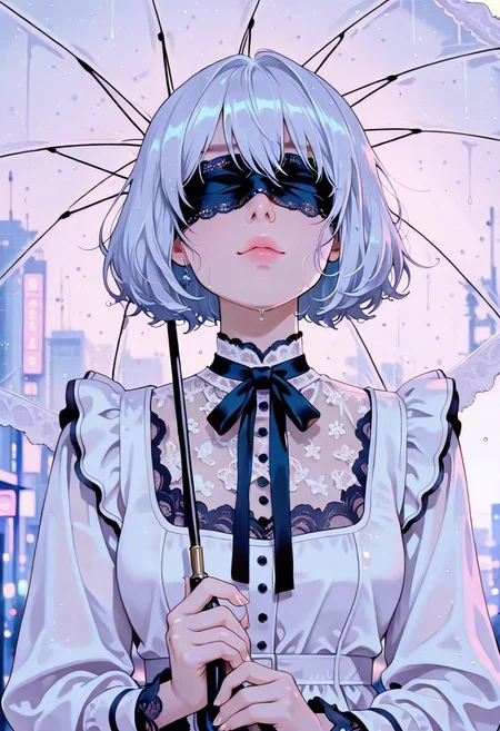 painterly, brush strokes, white theme,Golden shiny smoke over her eyes), lace ribbons dress, blue waterdroplets all over, masterpiece, best quality, very aesthetic, absurdres, safe, masterpiece, best quality, good quality, very aesthetic, absurdres, newest, 8K, depth of field, focused subject, in the style of cknc, 1girl, 2B, , close-up shot, standing in the rain, holding a transparent white umbrella, raindrops glistening on its surface, her blindfold slightly damp, silver hair sticking to her face,  melancholic yet serene atmosphere, ultra-detailed, cinematic lighting.front view, beautiful city park background, pastel style