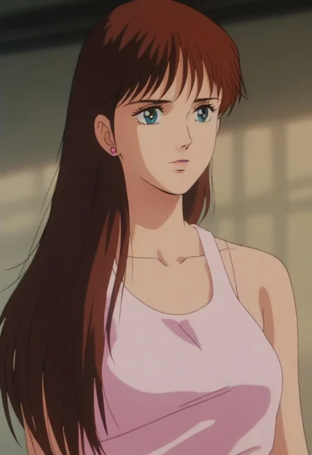 score_9, score_8_up, score_7_up, realistic, fine anime screencap_xl, anime screencap, miakoji, ronin warriors, solo, 1girl, retro, brown hair, 1980s (style), bangs, long hair, blue eyes, portrait, makeup, leggings, tank top, tiny shorts