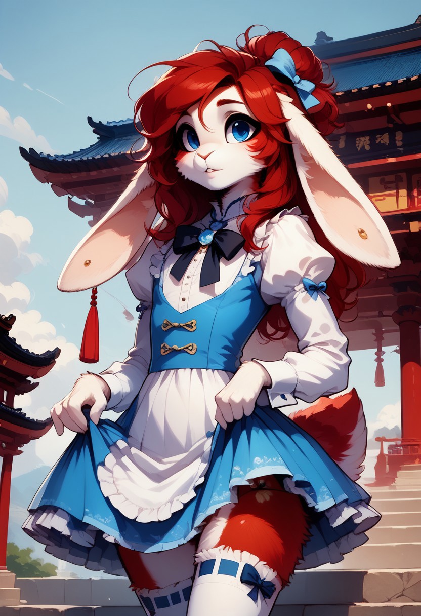 score_9, score_8_up, score_7_up, 
Huggles, 1boy, solo, furry male, rabbit boy, rabbit ears, rabbit tail, red hair, long hair, blue eyes, jyojifuku, dress, frills, ribbon, hair bow, thighhighs, MegaFluffyPony, furry, fluffy, skirt lift,
highly detailed, intricate, zzCitronCAT, outdoors, temple, pagoda