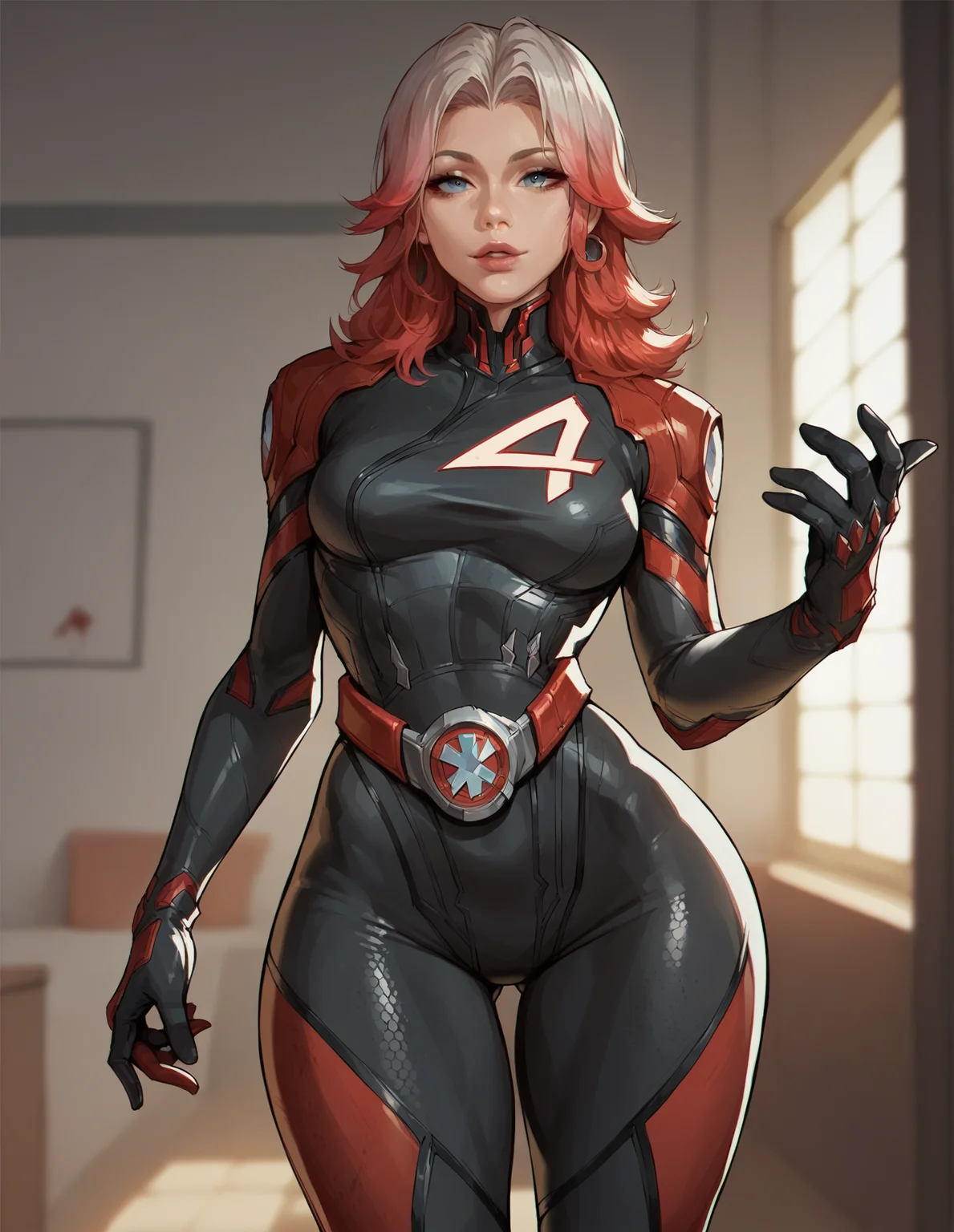 1girl, looking at the viewer, indoors, wide hips, frontal, blood shield black bodysuit, bicolored hair <lora:Invisible_Woman_-_Marvel_Rivals:0.8> sue_storm, score_9, score_8_up, score_7_up, score_6_up, 2d, digital art, masterpiece <lora:Expressive_H:0.4> expressiveh <lora:princess_xl_v2:0.3> <lora:g0th1c2XLP:0.3> g0th1c