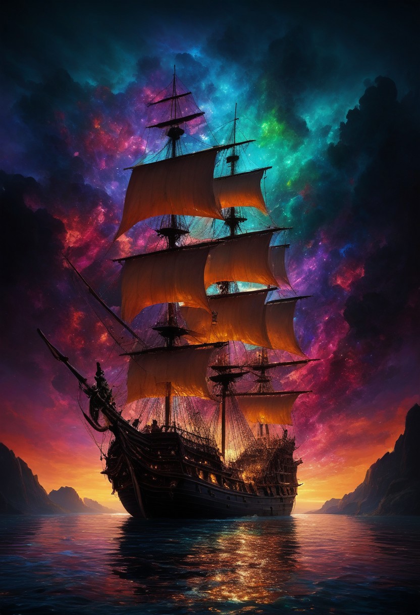 (sailing on vast expansive completely viscous liquid dreamscape gooey organic surface material with gleaming:1.28) sap, (pitch black dark midnight:1.2), miniature (immense scale magnificent ancient tattered pirate ship flying at world's edge:1.4), (multicolor vibrant RGB spectrum blended mixing:1.2), (lava:0.4) (lamp, swirling amorphous liquid rising bubbling into sky hovering floating, bioluminescent glowing:1.26) particles, (sloshing backwash), non-newtonian (fluid:1.24), (prismatic color grading), 4k, highres, best quality, dramatic, cinematic, epic, (concept art, digital art, realistic, professional masterpiece, dynamic, (curvilinear perspective), tilt shift, iris blur, bokeh, sharp clarity:1.2), zavy-flrscnc, fine intricate details, interior lit, great lighting, dappled soft lighting, volumetric lighting, detailed highlights, rim lighting