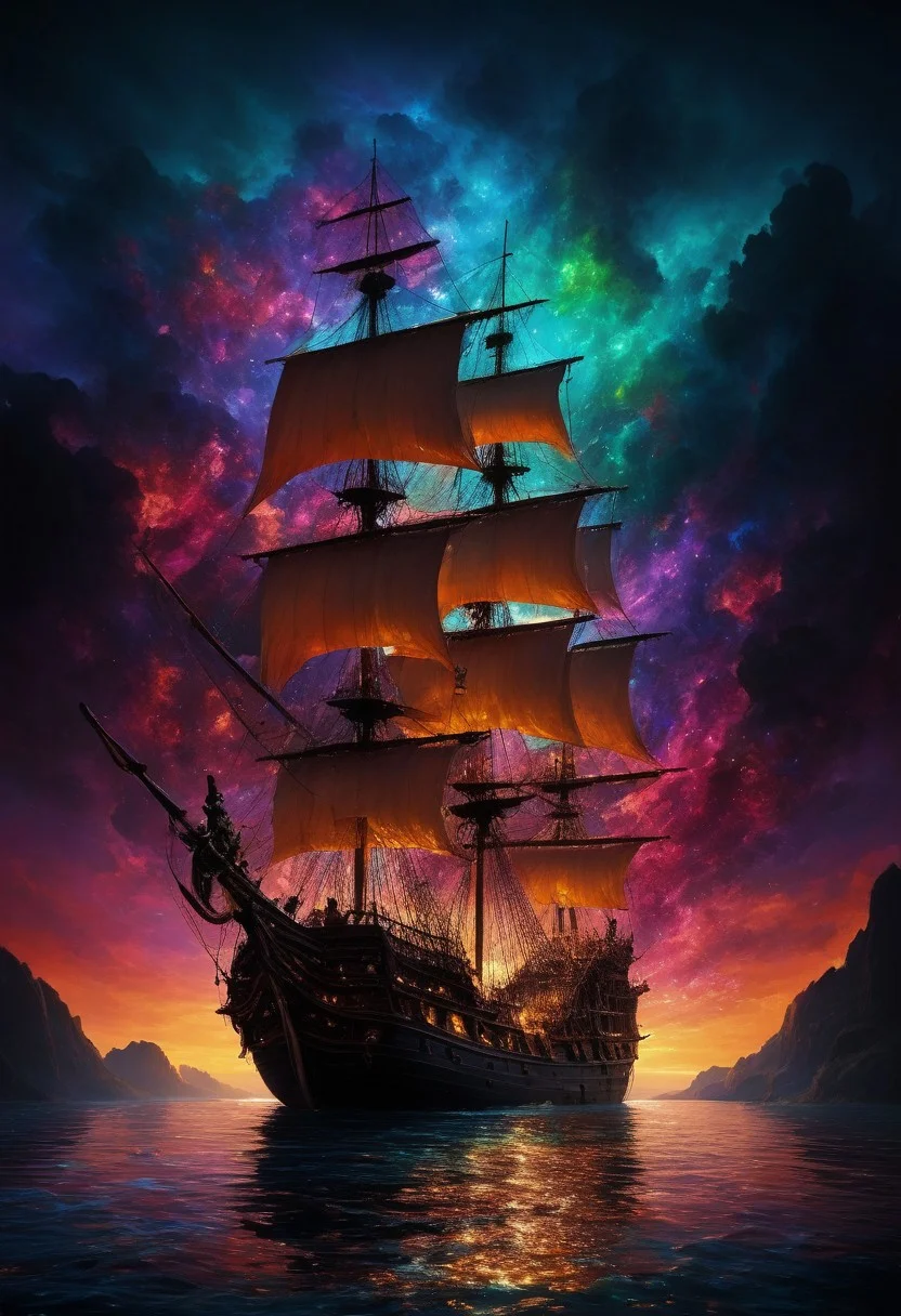 (sailing on vast expansive completely viscous liquid dreamscape gooey organic surface material with gleaming:1.28) sap, (pitch black dark midnight:1.2), miniature (immense scale magnificent ancient tattered pirate ship flying at world's edge:1.4), (multicolor vibrant RGB spectrum blended mixing:1.2), (lava:0.4) (lamp, swirling amorphous liquid rising bubbling into sky hovering floating, bioluminescent glowing:1.26) particles, (sloshing backwash), non-newtonian (fluid:1.24), (prismatic color grading), 4k, highres, best quality, dramatic, cinematic, epic, (concept art, digital art, realistic, professional masterpiece, dynamic, (curvilinear perspective), tilt shift, iris blur, bokeh, sharp clarity:1.2), zavy-flrscnc, fine intricate details, interior lit, great lighting, dappled soft lighting, volumetric lighting, detailed highlights, rim lighting