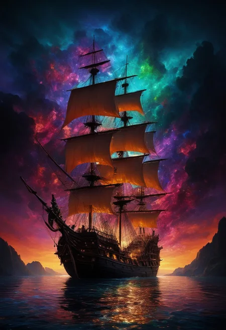 (sailing on vast expansive completely viscous liquid dreamscape gooey organic surface material with gleaming:1.28) sap, (pitch black dark midnight:1.2), miniature (immense scale magnificent ancient tattered pirate ship flying at world's edge:1.4), (multicolor vibrant RGB spectrum blended mixing:1.2), (lava:0.4) (lamp, swirling amorphous liquid rising bubbling into sky hovering floating, bioluminescent glowing:1.26) particles, (sloshing backwash), non-newtonian (fluid:1.24), (prismatic color grading), 4k, highres, best quality, dramatic, cinematic, epic, (concept art, digital art, realistic, professional masterpiece, dynamic, (curvilinear perspective), tilt shift, iris blur, bokeh, sharp clarity:1.2), zavy-flrscnc, fine intricate details, interior lit, great lighting, dappled soft lighting, volumetric lighting, detailed highlights, rim lighting