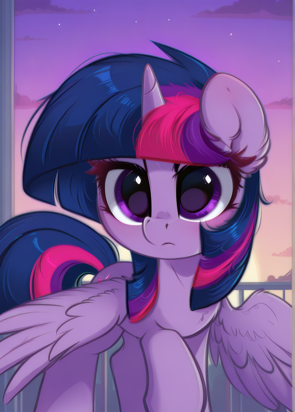 twilight_sparkle \(mlp\), my_little_pony:_friendship_is_magic, looking_at_viewer,, diminishing scale perspective,dynamic composition