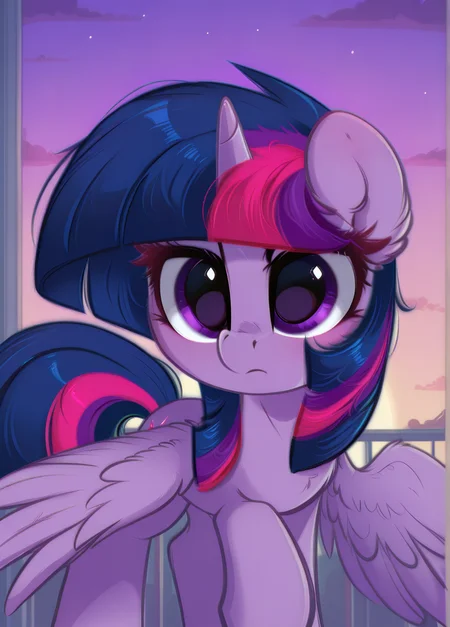 twilight_sparkle \(mlp\), my_little_pony:_friendship_is_magic, looking_at_viewer,, diminishing scale perspective,dynamic composition