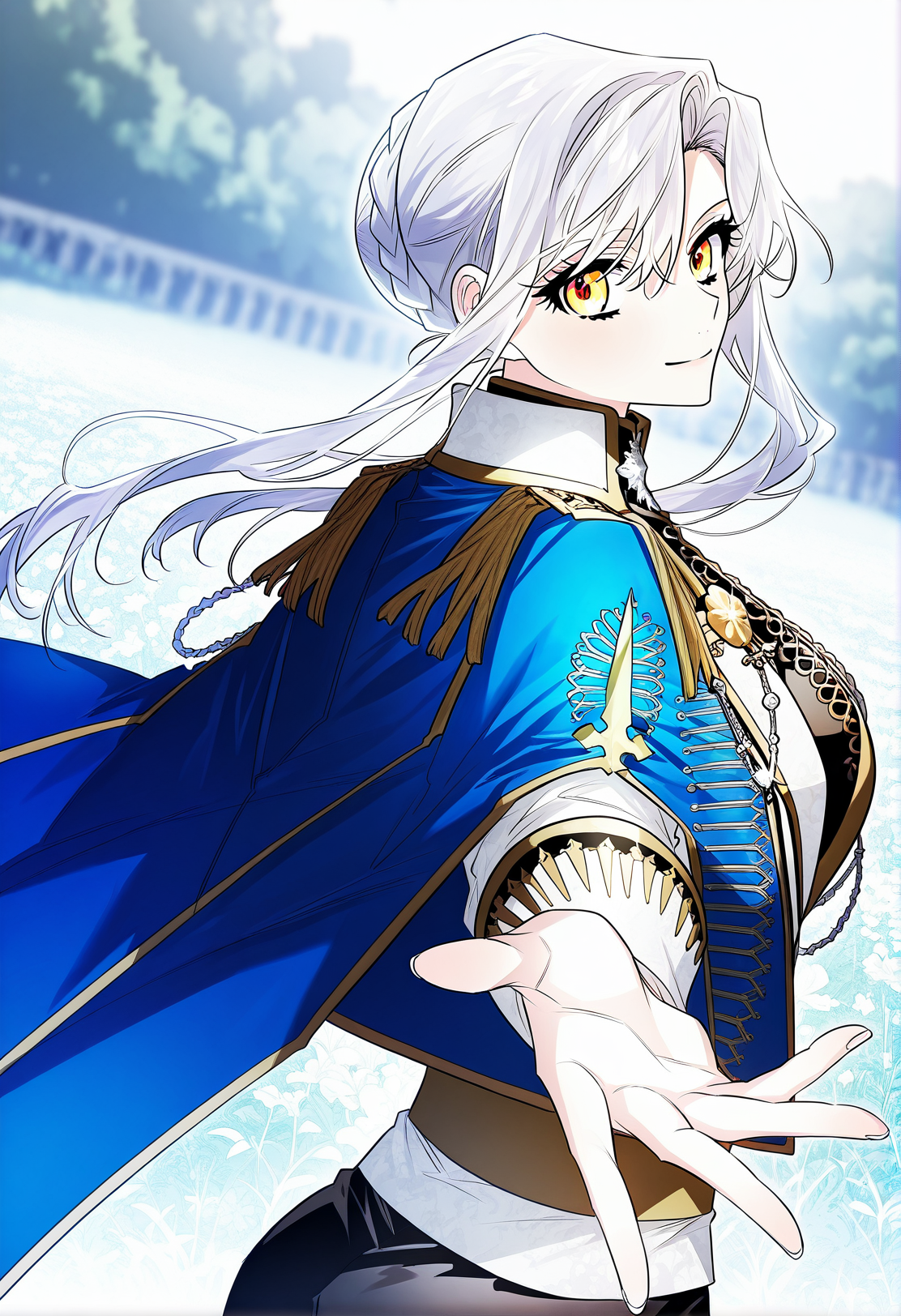 <lora:Sigrid__Sigrid__Illustrious v2:1>
Sigrid, 1girl, solo, masterpiece, best quality, beautiful female knight, long braided white hair, golden eyes, slim athletic body, 
sigrid_royal_ceremonial_uniform, wearing a black and white royal ceremonial uniform with gold decorations, royal blue cape with golden embroidery, white thigh-high boots, ornate silver brooch, black pants
score_9, score_8_up, score_7_up, very aesthetic, source_anime, detailed, high quality, beautiful, masterpiece, detailed eyes, field, blurry background, pose dynamic angle, upper body, cowboy shot, light smile, looking back, reaching out, floating hair