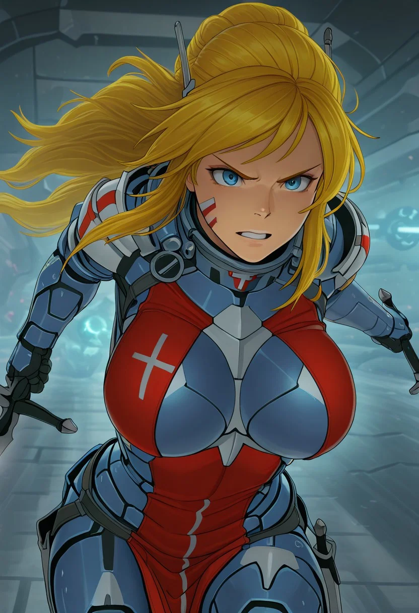 masterpiece, best quality, amazing quality, Smooth Quality, hard lighting, close up, upper body, red tabard,
detailed Background, joan_of_arc
1girl, blonde hairs, long hairs, Panoceania, wearing light armor, running, indoor, blue armor, sci-fi, holding sword, sword, energy blabe