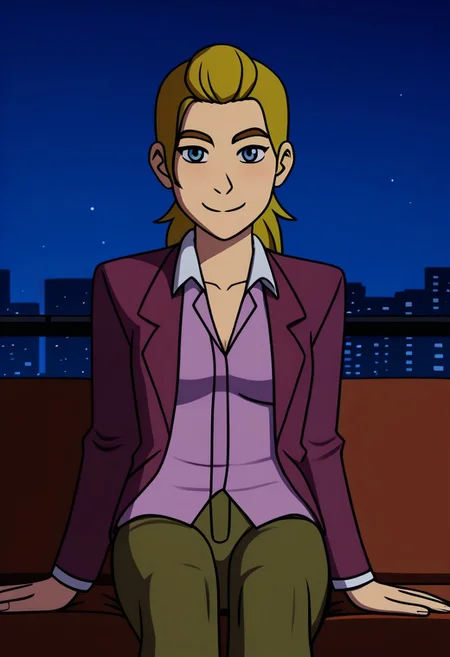 ((flat colour, solo,)) 1girl, CHAdora, ADOHair Style, blond, blue eyes, (((wearing CAMaroon Blazer and Purple Under Shirt))), beautiful, adult, solo, medium breasts, sitting, sofa, window, night view, cityscape, bedroom, lamp, indoors, smile,