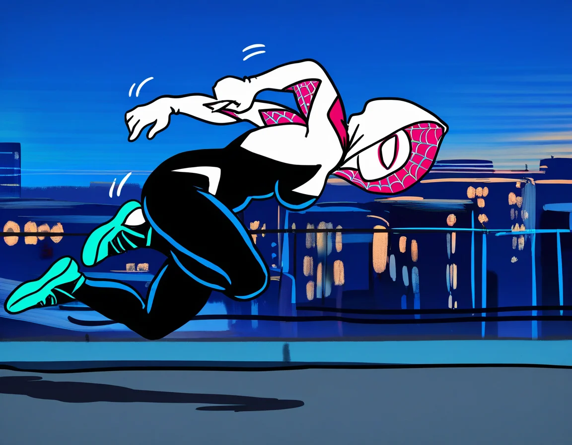 by carl newman, 1girl, spider-gwen, running, on-rooftop, from-side, motion-lines, western-comics-(style), masterpiece, best quality, newest, absurdres, highres