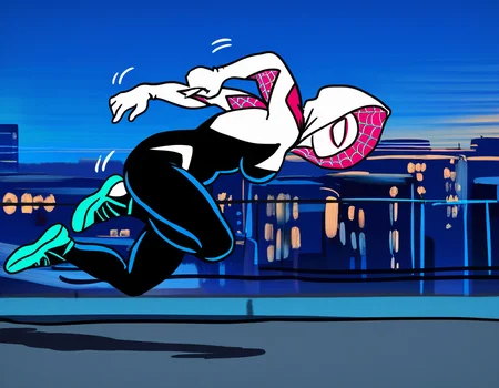 by carl newman, 1girl, spider-gwen, running, on-rooftop, from-side, motion-lines, western-comics-(style), masterpiece, best quality, newest, absurdres, highres
