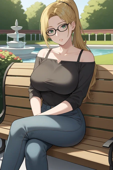 score_9, score_8_up, score_7_up, source_anime, 1girl, prefect lighting, very aesthetic, intricate details, highly detailed background, masterpiece, high quality, prefect hands, best quality, solo,
<lora:Queen_Priscilla_NTRman_V1:.85>, KJOpriscilla, blonde hair, green eyes, long hair, 
jeans, black shirt, off shoulder, black glasses, ponytail, 
sitting on bench, crossed legs, arms resting on bench, expressionless, parted lips, head tilt, 
courtyard, garden, water fountain, gazebo, outdoors, 
(Beautiful, large Breasts:1.2), natural breasts,