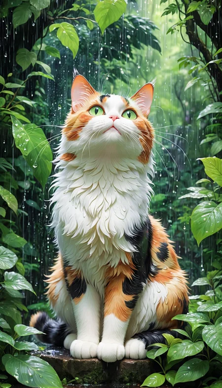 Anime style, Studio Ghibli inspired, beautiful calico cat enjoying the rain, dense forest background, vibrant greens, detailed trees and foliage, mystical atmosphere, soft lighting, whimsical and enchanting, gentle rain, high contrast, intricate textures