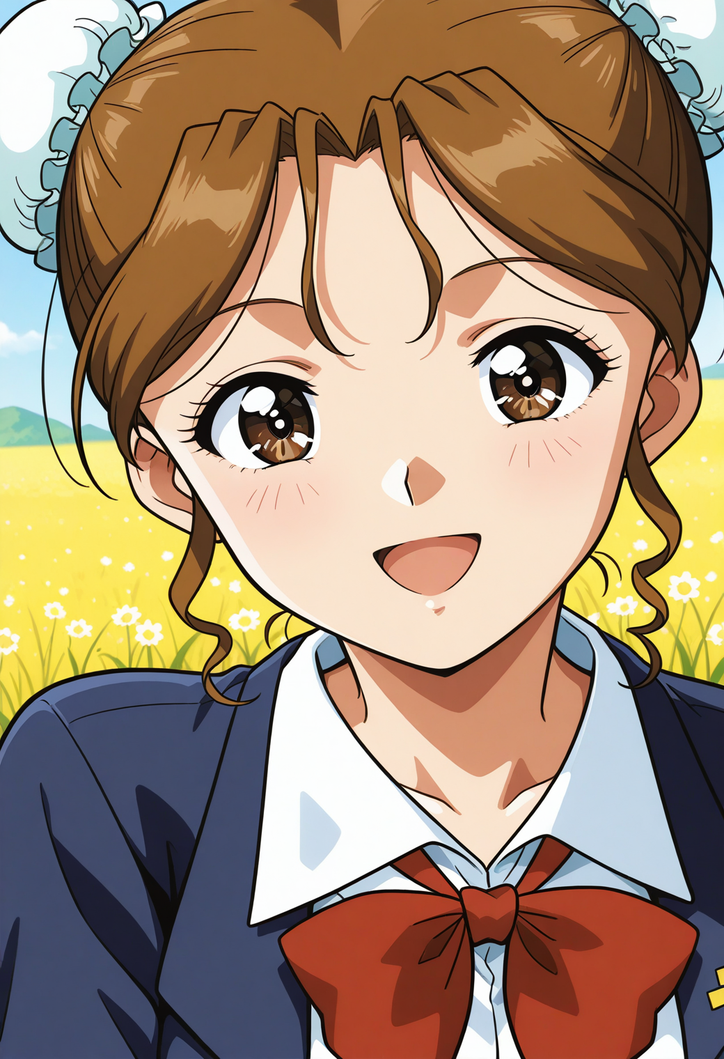 sr5_akira, retro artstyle, brown eyes, brown hair, double bun, bun cover, school uniform, red bowtie, blazer, long sleeves, blue jacket, open jacket, white shirt, collared shirt, <lora:SR5_akira_illustrious_ver1:0.8> 
smile,, masterpiece, best quality, sensitive,, 1girl, solo, (field:1.2), (blue sky:1.2), looking at viewer,, (upper body:1.2), (close-up:1.2), (facing viewer:1.2), (open eyes:1.4), (portrait:1.2)