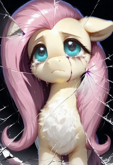 rating_questionable, score_9, score_8_up, score_7_up, pony, feral, fluttershy, reflection, Broken glass, dark theme, moody, bags under eyes, depressed, purple blood, scars, charming eyes, small tears, detailed, realistic, BREAK, zPDXL3, MegaFluffyPony, fluffy, shiny,