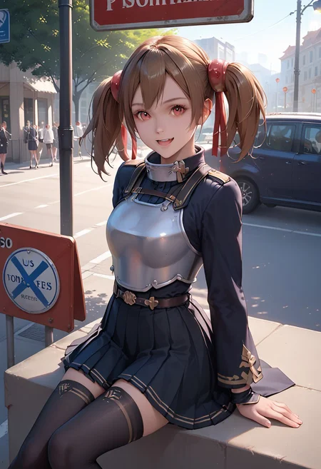 score_9, score_8_up, score_7_up, 1girl, silica, solo, skirt, brown hair, open mouth, red eyes, thighhighs, breastplate, twintails, white background, black skirt, pleated skirt, armor, smile, ribbon, skirt, thighhighs, breastplate, black skirt, pleated skirt, armor,, black thighhighs, rminiskirt, bus stop, public place nighttime vibrant lighting, street lights, high contrast, dramatic shadows, highly detailed, detailed skin, depth of field, tilted angle, moody lighting, exy pose,professional lighting, perfect quality, high quality, photorealistic, sitting, (((supermodel))),((goddess))