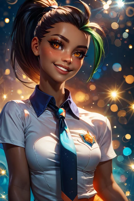 score_9, score_8_up, score_8, medium breasts, (curvy), cute, eyelashes, BREAK, , <lora:NemonaJayler:1.0> nemona, 1girl, aged_up, dark skin, ponytail, long hair, freckles, smile, shirt, hair pulled back, white shirt, orange shorts, necktie, gloves, collared shirt, short sleeves,, BREAK, (ultra realistic,32k, masterpiece:1.2),(high detailed skin:1.1),( high quality:1.1), curvy, head tilt, hearts, blush, lips, curvy, head tilt, shiny clothes, (upper body), looking at viewer, bokeh, luminescent background, embedding:zPDXL, Expressiveh, <lora:RlAnmPDXL:1.0>,