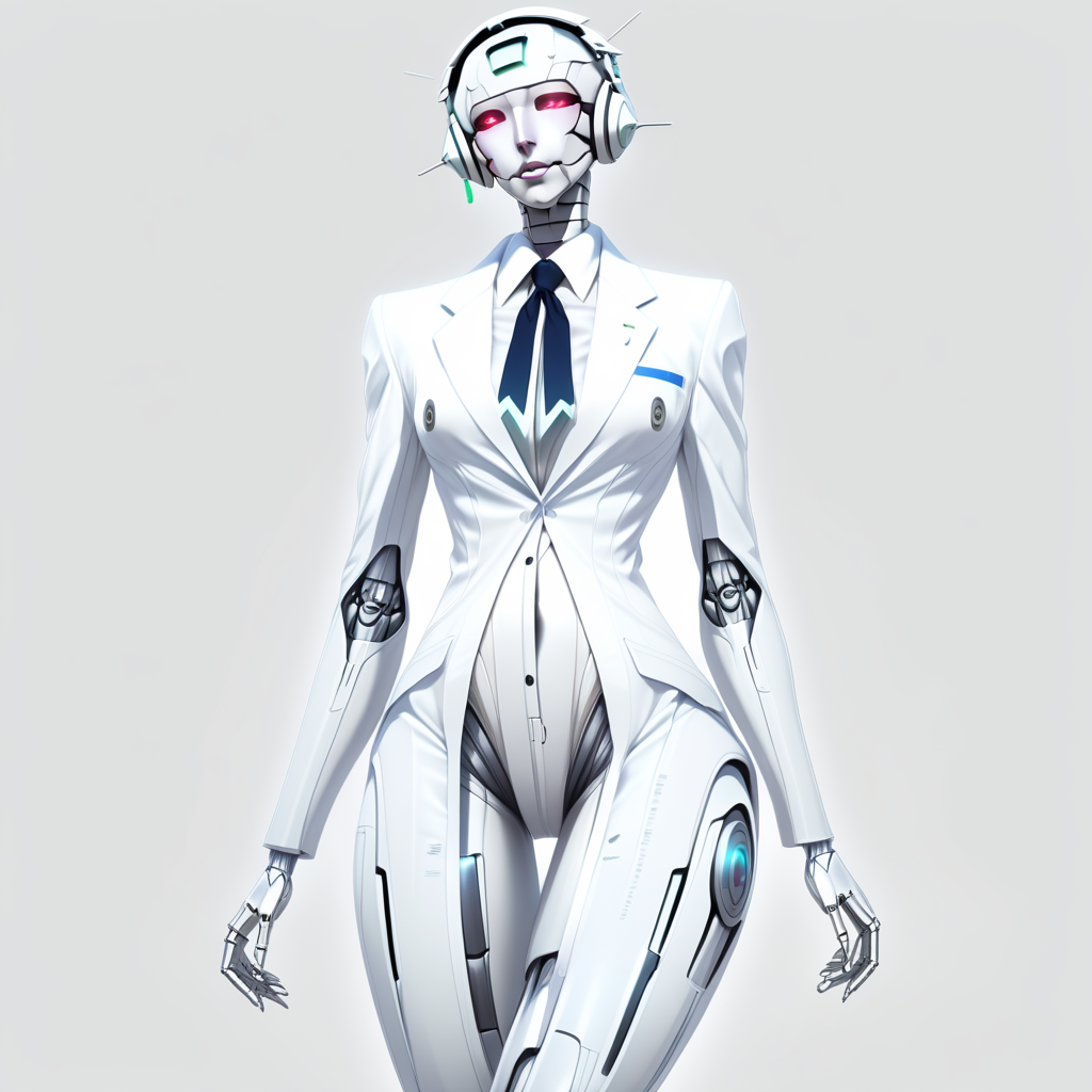 airplane, cable, full body, earrings, labcoat, masturbation, parted lips, humanoid robot, black eyes, necktie, android