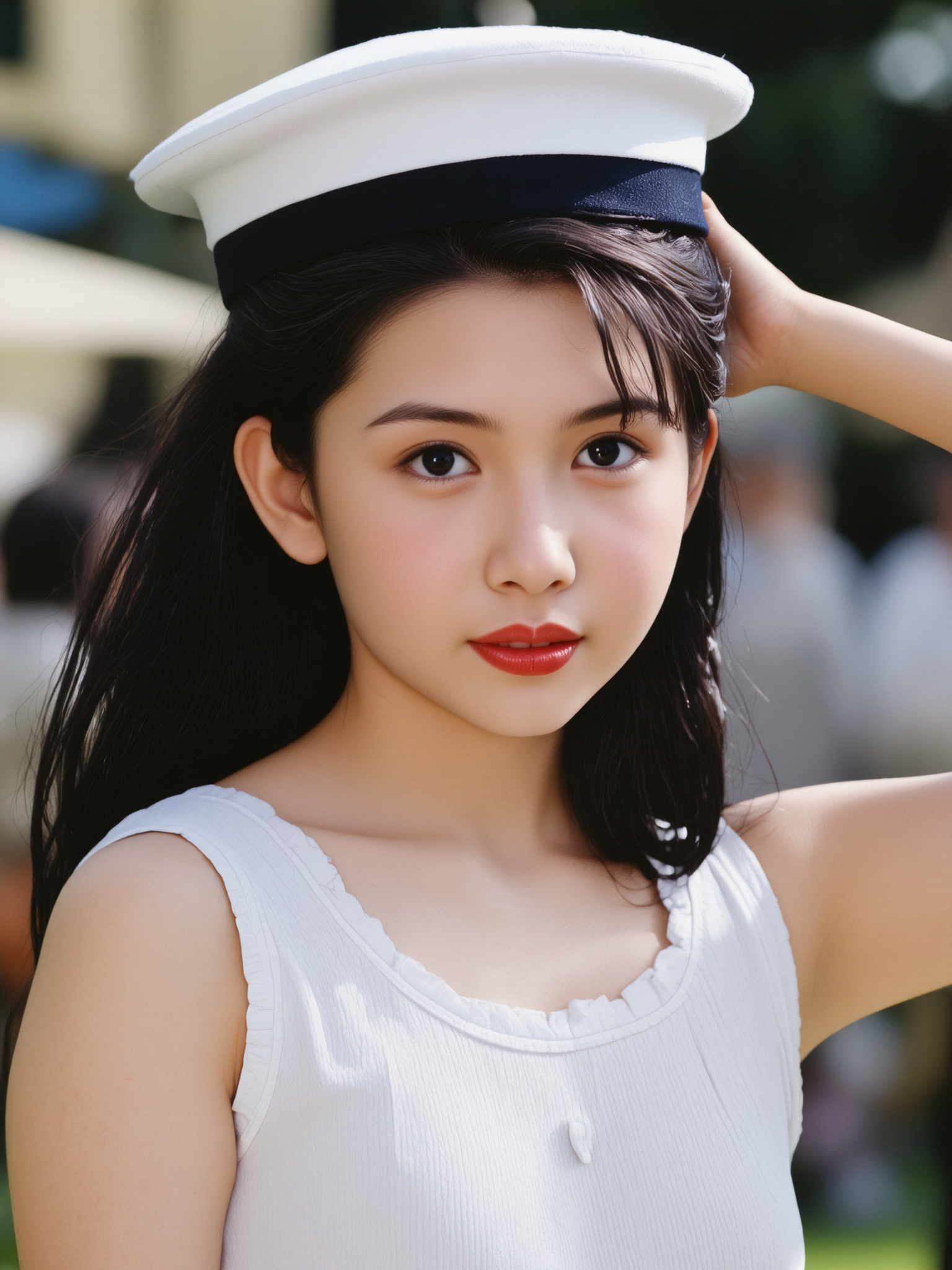 This is a high-resolution photograph featuring a young woman with fair skin and long, straight black hair, styled in a loose, natural manner. She has a delicate, oval face with a small nose and full lips painted in a soft pink shade. Her eyes are large and expressive, framed by subtle, natural makeup. She wears a white sleeveless top that reveals her shoulders and a black and white sailor hat, reminiscent of Japanese school uniforms, tilted slightly to the side.

The lighting is bright and natural, casting a soft glow on her face and highlighting her smooth skin. The background is slightly out of focus, featuring a blurred outdoor setting with hints of white and blue, suggesting a sunny day. The photograph employs the rule of thirds, with the woman positioned slightly off-center, drawing the viewer's attention to her face and the hat.

The image is composed with a shallow depth of field, emphasizing the subject while the background remains softly blurred. The overall mood is serene and slightly playful, with the sailor hat adding a whimsical touch.