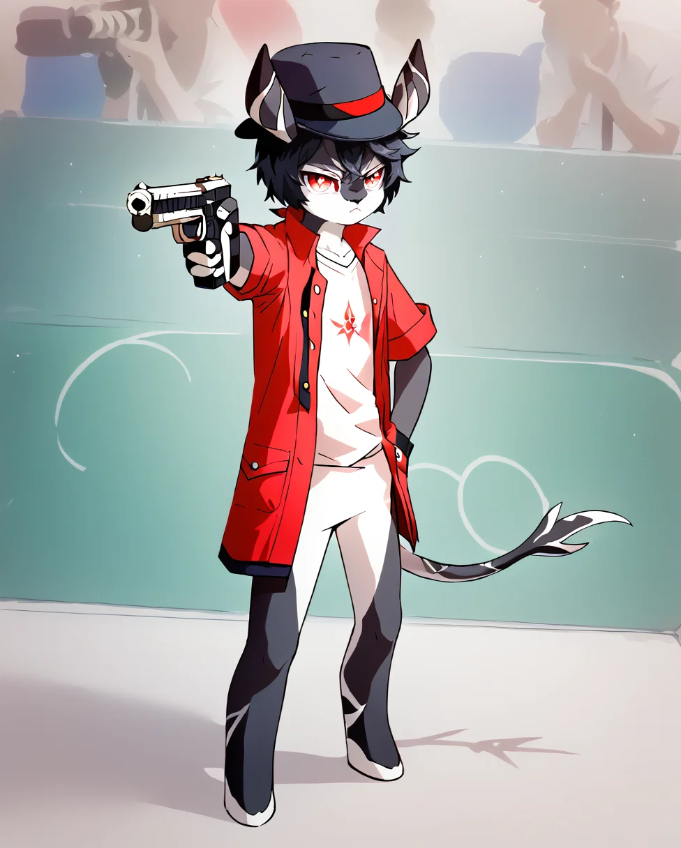 score_9, score_8_up, score_7, 1boy, solo, full body, serious, closed mouth, red eyes, dagon eyes, black hair, short hair, holding weapon, holding gun, handgun, hand in pocket, aiming, <lora:YusufDikecGunPose_pdxl_Incrs_v1:1>, <lora:MelusineV4SDXL:1>, melusine, bottomless, thin tail, straight ears, black skin, full body, white t-shirt, red shirt, open shirt, long shirt, fedora, black fedora