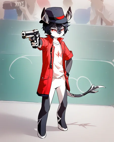 score_9, score_8_up, score_7, 1boy, solo, full body, serious, closed mouth, red eyes, dagon eyes, black hair, short hair, holding weapon, holding gun, handgun, hand in pocket, aiming, <lora:YusufDikecGunPose_pdxl_Incrs_v1:1>, <lora:MelusineV4SDXL:1>, melusine, bottomless, thin tail, straight ears, black skin, full body, white t-shirt, red shirt, open shirt, long shirt, fedora, black fedora