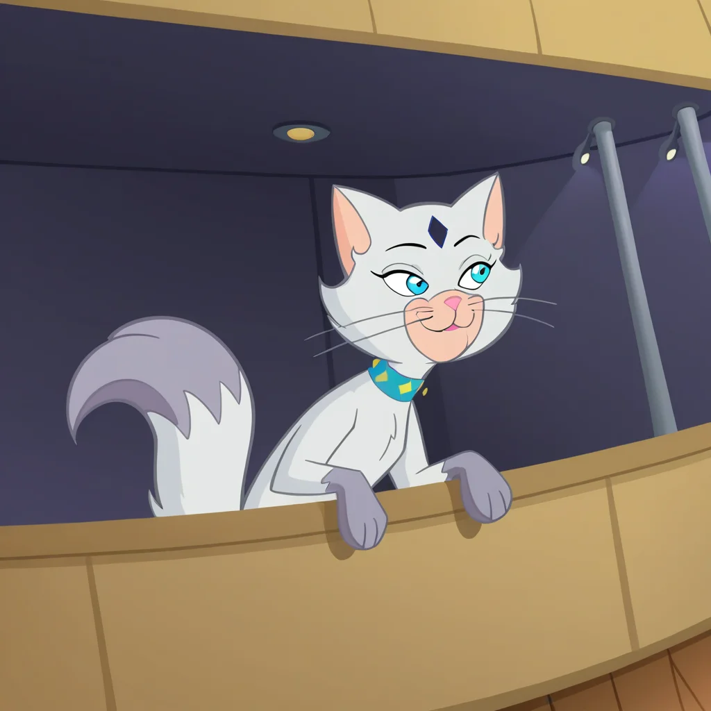 highres, high resolution, good quality, high quality,score_9, score_8, good anatomy, score_8_up, score_7_up,detailed face:1, detailed eyes:1, absurdres, newest,, solo, furry, furry female, cat, smile, looking away,princesskrypto, blue eyes,blue collar, whiskers