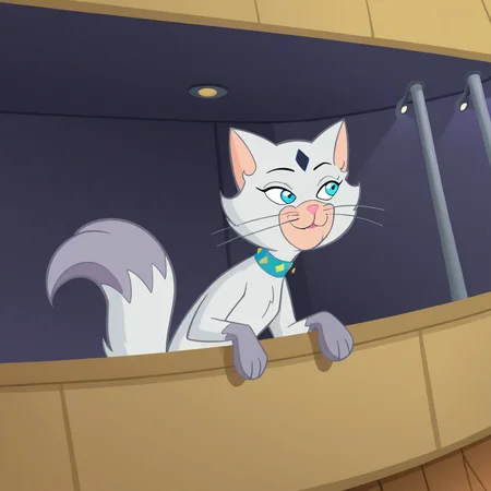 highres, high resolution, good quality, high quality,score_9, score_8, good anatomy, score_8_up, score_7_up,detailed face:1, detailed eyes:1, absurdres, newest,, solo, furry, furry female, cat, smile, looking away,princesskrypto, blue eyes,blue collar, whiskers