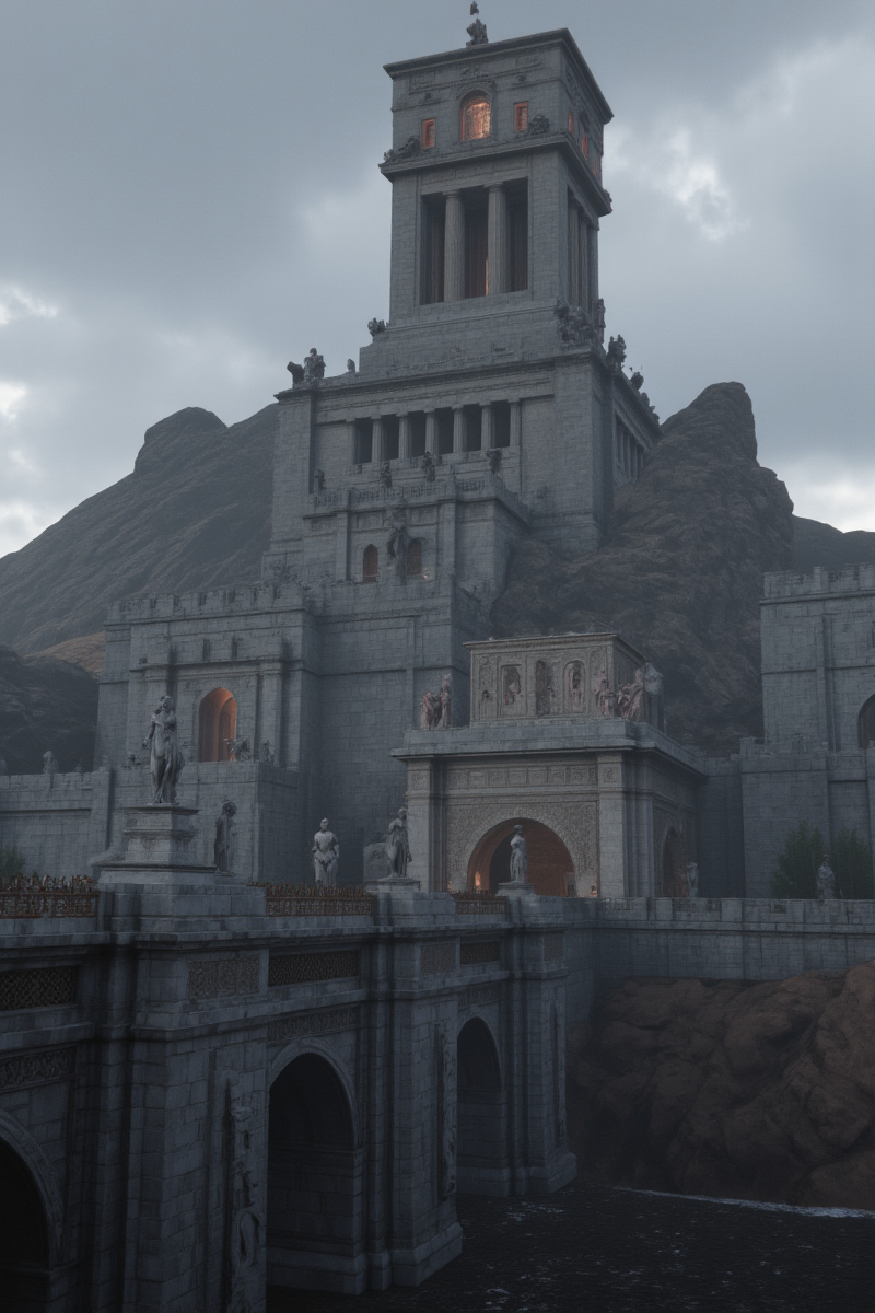 3DGame,The image presents a fantastical architectural ensemble that combines elements reminiscent of ancient Greek and medieval European styles. Dominating the scene is a colossal structure featuring a series of towering,classical columns supporting a pediment adorned with statues. These statues are large,standing figures,possibly representing deities or historical figures,adding a sense of grandeur and antiquity.,
Below this main edifice,there are multiple levels of buildings with classical facades,including columns and pediments,suggesting a blend of civic and religious functions. The complex is fortified with high walls and battlements,indicating a defensive purpose. The foreground shows a fortified bridge connecting two parts of the complex,with statues positioned at intervals,enhancing the majestic appearance.,
The setting is mountainous,with the complex built on a rocky outcrop,overlooking a body of water. The sky is overcast,casting a moody light over the scene and highlighting the gray tones of the stone. The overall atmosphere is one of awe-inspiring scale and historical significance,as if the complex is a pivotal location in a narrative of mythic or historical importance.,