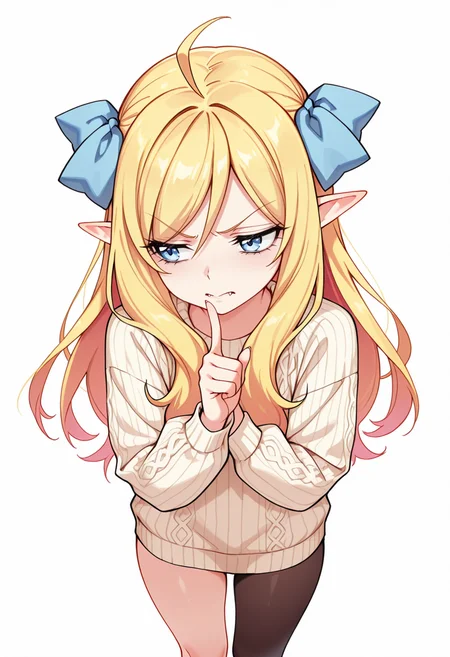 Smooth Quality,masterpiece,very intricate, high quality details, ultra realistic, high detailed skin,detailed enviorement,absurdres,
index finger raised,
<lora:Jashin-chan_CNR:0.8> jashin_cnr, 1girl, blonde hair, long hair, ahoge, blue eyes, pointy ears, fangs, hair ribbon,legs,, simple background, white background, from above,solo,, disappointed,, sweater, ,anorak, ,single leg pantyhose, ,