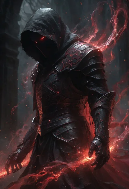 solo, clad in obsidian Eldritch armor, glowing crimson accents, intricate details, a hood that obscures his eyes,
glowing red runes. tendrils of black fog,
intricate black armor, hooded cloak, dark contrast, cinematic lighting, soul knight, ais-darkpartz