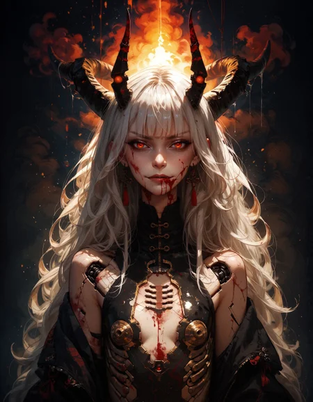 score_9, score_8_up, score_7_up, score_6_up, score_5_up, score_4_up,  (kanji, chinese characters:1.2), demon, cyberdemon, black horns, black scales, fiery glow, embedding:zPDXL, 1girl, (evil smirk:1.2), solo, small breasts, very long hair, bangs, simple background, white hair, red eyes, black cloth, bloody eyes, closed mouth, weapon, black, evil, horror, (blood:1.1), blunt bangs, medium hair, floating hair, black background, science fiction, android, cable, mechanical, cyborg, robot joints, mechanical parts, tube, spine