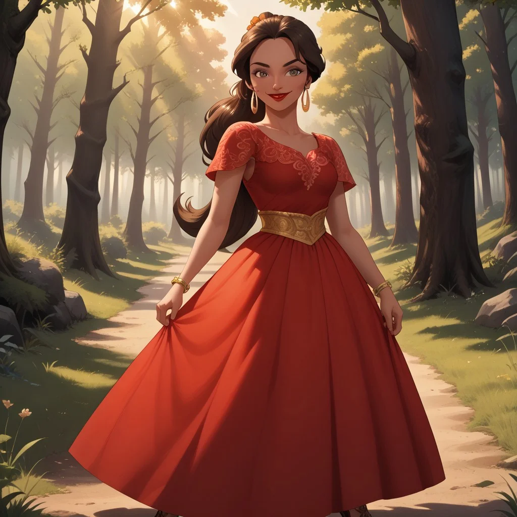 score_9, score_8, BREAK, solo, brown hair, brown eyes, red lips, lipstick, ponytail, dark skin, dark skin female, earrings, bracelet, red long dress, brown heels, Elena_(Elena_Of_Avalor), sexy pose, self portrait, smile, outdoors, sunlight, shadows, evening lighting, natural lighting, forest, trees, grass, orange sky, sunset