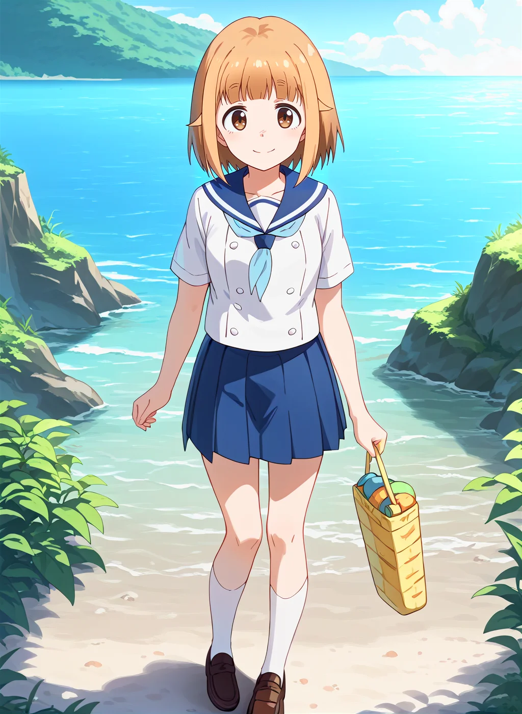 score_9,score_8_up,score_7_up,source_anime,anime,nsfw,rating_explicit,uncensored,High quality,Ultra detailed,best quality,insanely detailed,beautiful,masterpiece,perfect lighting BREAK
<lora:tsurugi_hina_V1:1>,(tsurugi_hina, short hair, brown hair, brown eyes, bangs,summer uniform,sailor collar,neckerchief, white shirt,short sleeves, blue skirt, pleated skirt, white socks,loafers),1girl,solo,smile,standing,outdoors,embankment,sea,looking_at_viewer,front view,