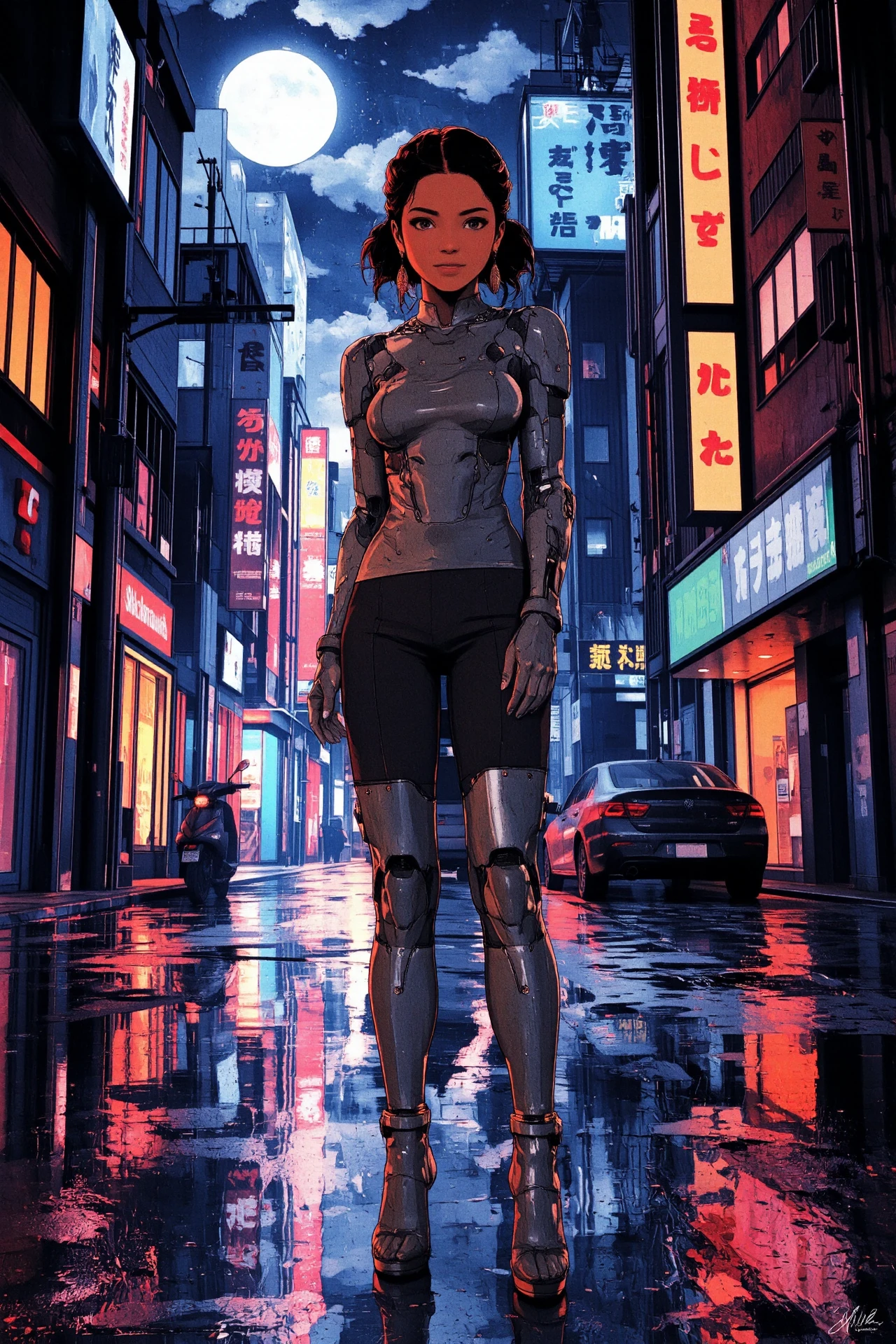 Citizen of Seychelles cornrows chocolate hair (young woman), anime, illustration, cyberpunk, futuristic, (extremely detailed), (portrait), (standing:1.3), (happy smile), (beautiful cyberpunk tokyo buildings landscape), wet floor, windows, motorbike, car, moon in the sky, (bright neon lights), screen holograms, kanjis, raytracing, hdr, high contrast, ethereal cinematic lights, backlight, reflections, (legs), heels, (sharp focus), luminous Cool Gray robot glossy brilliant armor, body lights, body circuits, glossy lipstick, necklace, dangle earrings, colorful, retrowave, shadows, vibrant colors, pretty, beautiful, feminine, sexy, lovely, in love, adorable, fashion,  <lora:Hand v2:1> <lora:Anti-Blur:1> <lora:RetroAnimeFluxV1:0.4> <lora:CPA:0.8> <lora:Luminous_Shadowscape:0.4>