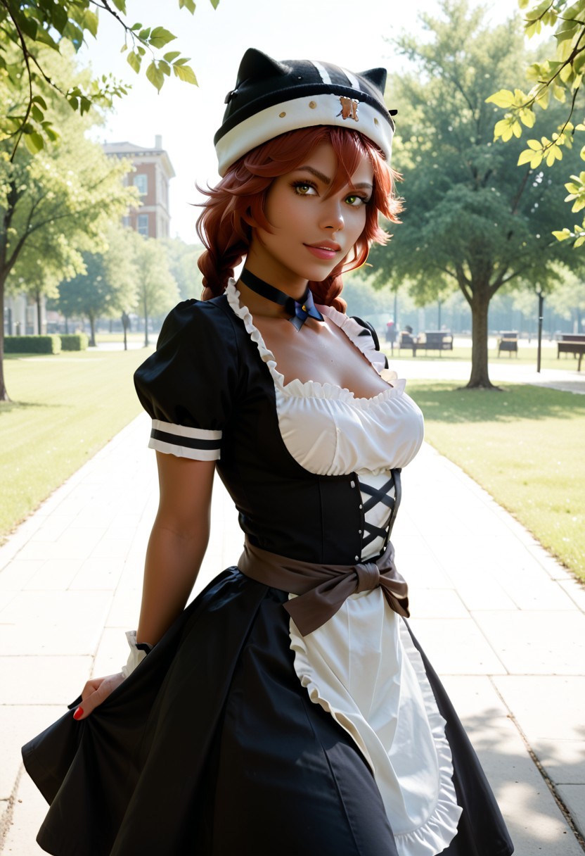 score_9, score_8_up, score_7_up, score_6_up, score_5_up, score_4_up, ((lupusregina beta)), (brown skin:1.3), red hair, twin braids, black headwear, hat, solo, maid dress, maid skirt, black choker BREAK park, angled shot, dynamic pose, dynamic angle
