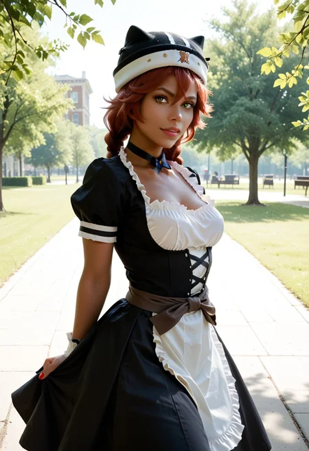 score_9, score_8_up, score_7_up, score_6_up, score_5_up, score_4_up, ((lupusregina beta)), (brown skin:1.3), red hair, twin braids, black headwear, hat, solo, maid dress, maid skirt, black choker BREAK park, angled shot, dynamic pose, dynamic angle