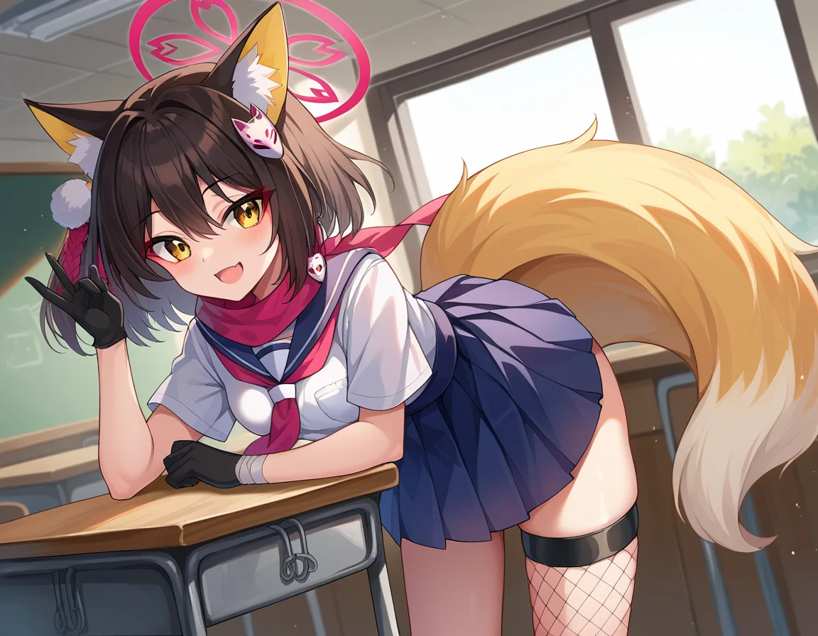score_9, score_8_up, score_7_up, source_anime,
izunakuda, <lora:izuna-kuda-ponyxl-lora-nochekaiser:1>,
izuna kuda, yellow eyes, black hair, animal ears, animal ear fluff, medium hair, fox ears, halo,
asymmetrical legwear, fishnets, fox hair ornament, fox tail, gloves, hair ornament, pleated skirt, sash, scarf, school uniform, single thighhigh, tail, thigh strap, yellow tail,
indoors, classroom, bent over, smile,
looking at viewer, cowboy shot, dutch angle,