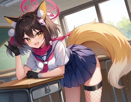 score_9, score_8_up, score_7_up, source_anime,
izunakuda, <lora:izuna-kuda-ponyxl-lora-nochekaiser:1>,
izuna kuda, yellow eyes, black hair, animal ears, animal ear fluff, medium hair, fox ears, halo,
asymmetrical legwear, fishnets, fox hair ornament, fox tail, gloves, hair ornament, pleated skirt, sash, scarf, school uniform, single thighhigh, tail, thigh strap, yellow tail,
indoors, classroom, bent over, smile,
looking at viewer, cowboy shot, dutch angle,