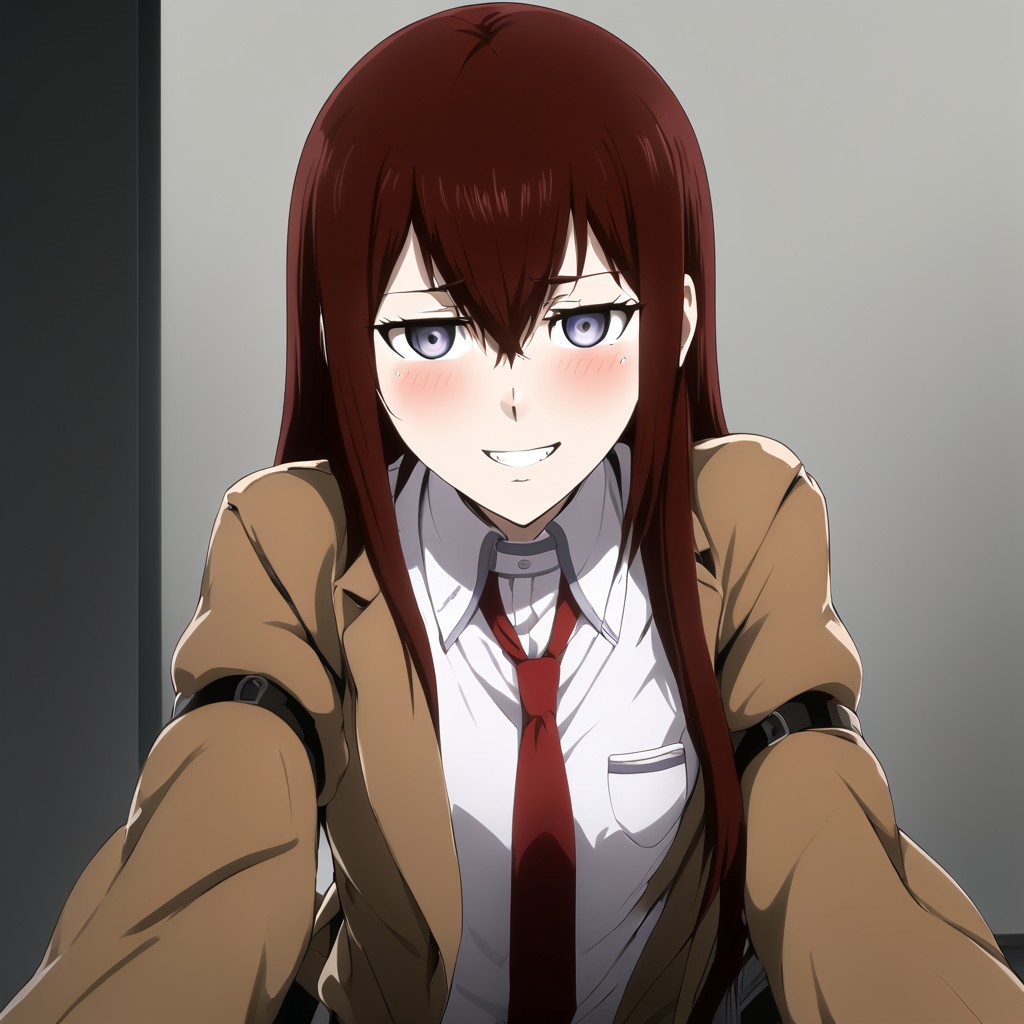 A naughty image of Makise Kurisu leaning forward at the viewer , white shirt , red necktie , arm-up , jacket , naughty blush on face , smiling , anime style