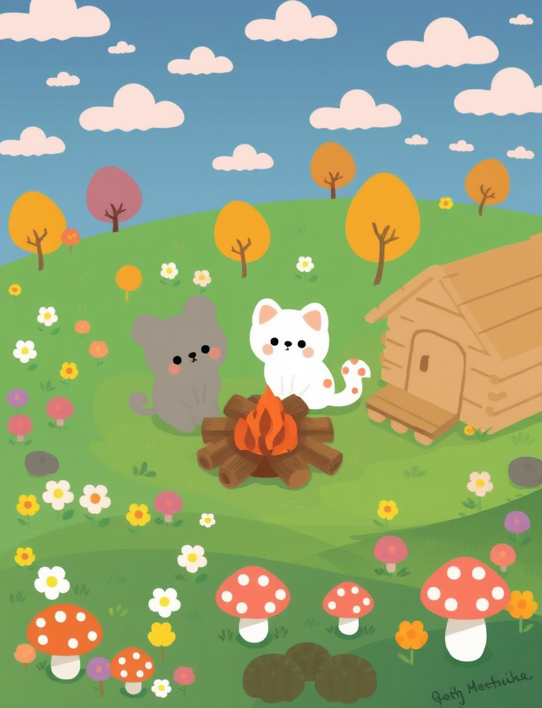 A whimsical outdoor scene features two cute chibi-style cartoon characters, a grey bear-like creature and a white cat-like creature with orange spots. They are gathered around a round campfire surrounded by firewood, situated in a colorful field with blooming flowers and a beige wooden house on the right. Mushrooms grow beneath the moss-covered terrain, and autumn trees dot the background with a sky full of pastel clouds. The overall art style is reminiscent of soft, rounded, pastel illustrations.

high quality, best aethestic, best composition