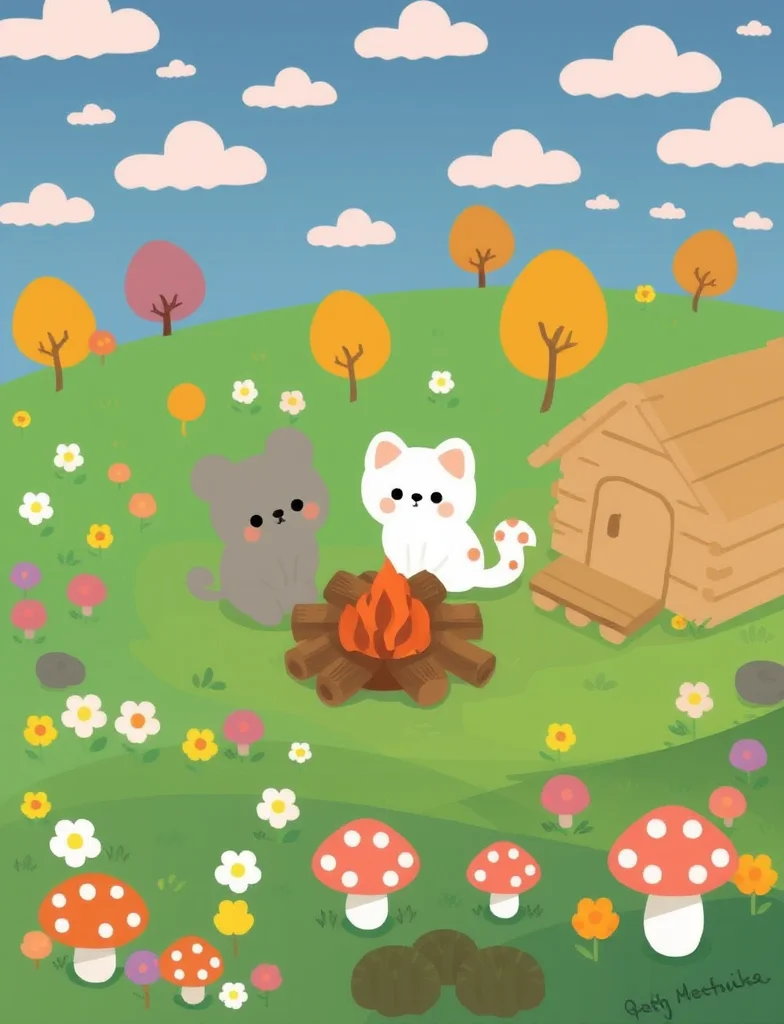 A whimsical outdoor scene features two cute chibi-style cartoon characters, a grey bear-like creature and a white cat-like creature with orange spots. They are gathered around a round campfire surrounded by firewood, situated in a colorful field with blooming flowers and a beige wooden house on the right. Mushrooms grow beneath the moss-covered terrain, and autumn trees dot the background with a sky full of pastel clouds. The overall art style is reminiscent of soft, rounded, pastel illustrations.
high quality, best aethestic, best composition