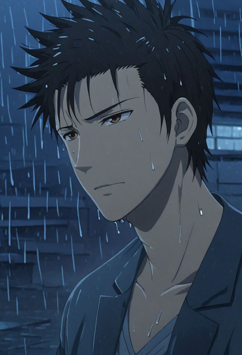 Highres, Masterpiece, High Quality, 4K, 8K, solo, 1Boy, Soujirou Agata, brown eyes, black hair, wet, slippery, heavy rain, dark, looking down, sad, heartless, wet hair, city night, easynegative, detailed_eye_model