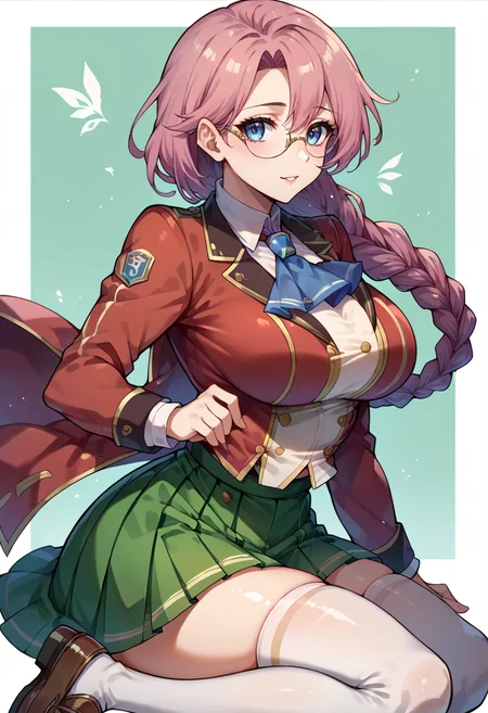 score_9, score_8_up, score_7_up, emmathors, ascot, blue eyes, braided ponytail, breasts, glasses, loafers, long hair, pink hair, pleated skirt, red jacket, single braid, thighhighs, white shirt, large breasts, <lora:emma-rebake3:0.9>, green skirt