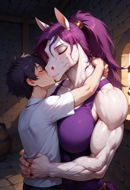 score_9,score_8_up,score_7_up,score_6_up,best quality,masterpiece, (background is dungeon:1.4), 1girl, solo,upper body, 1boy, kiss, hug, larger female, size difference,
BREAK
femkon, (horse female:1.3), white skin, ponytail, purple hair, long hair, (muscular female:1.5), animal ears, closed eyes, large breasts, purple tank top, arm around neck,
BREAK
human male, short black hair, white shirt, skinny male,